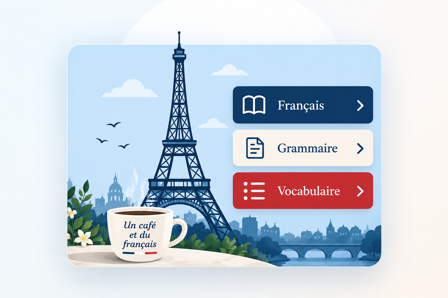 Fransızca öğrenme temalı Eyfel Kulesi, kahve ve kelime kartları